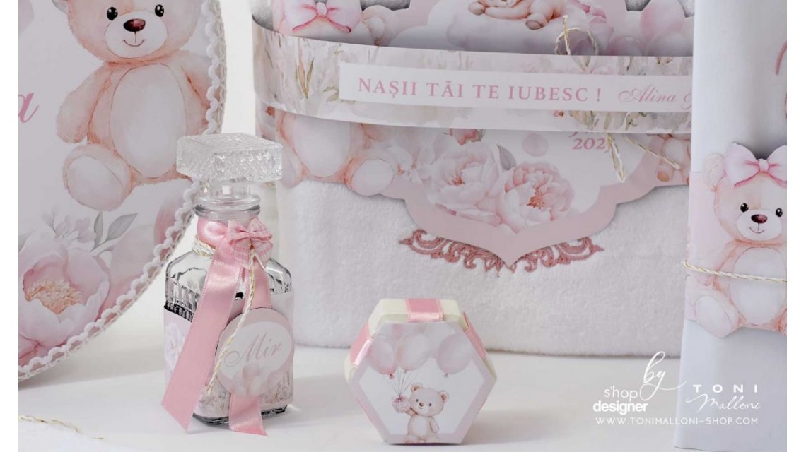 Trusou botez cu ursuleti si flori roz Teddy Bear Baby Girl 14
